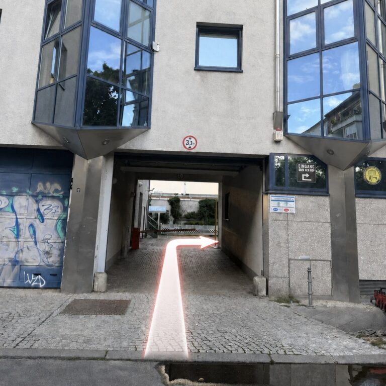 Einfahrt Mehlitzstra&szlig;e 5 in Berlin-Wilmersdorf: durch die Durchfahrt in den Hof, dort rechts &uuml;ber die Laderampe zum Eingang der Streetwise Academy